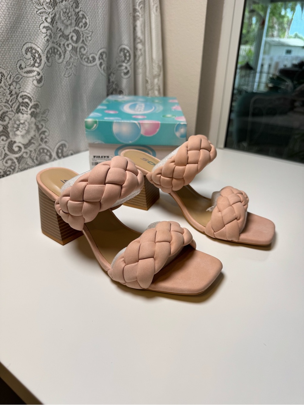 New in Box Soda Braided Double Strap Block Heel Sandals in Nude Blush, Size 5.5